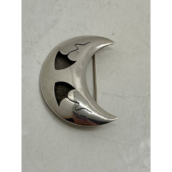 Taxco Sterling 925 Silver Crescent Moon Brooch with Cutouts - Picture 1 of 6